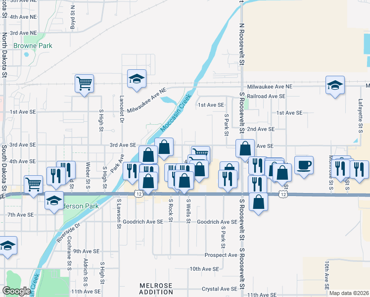 map of restaurants, bars, coffee shops, grocery stores, and more near 2000 3rd Avenue Southeast in Aberdeen
