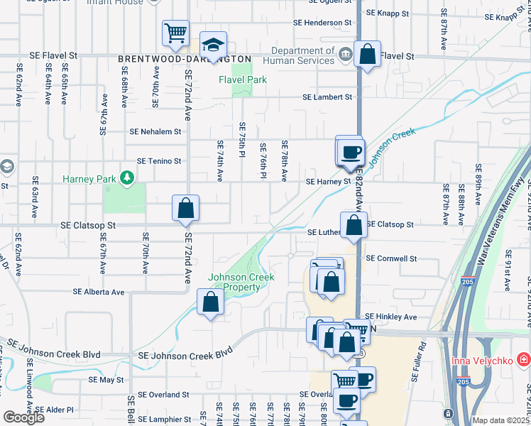 map of restaurants, bars, coffee shops, grocery stores, and more near 8523 Southeast 77th Avenue in Portland