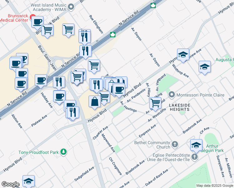 map of restaurants, bars, coffee shops, grocery stores, and more near in Pointe-Claire