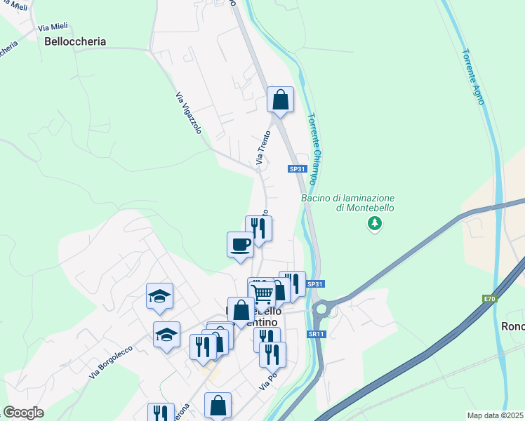 map of restaurants, bars, coffee shops, grocery stores, and more near 105 Via Trento in Montebello Vicentino