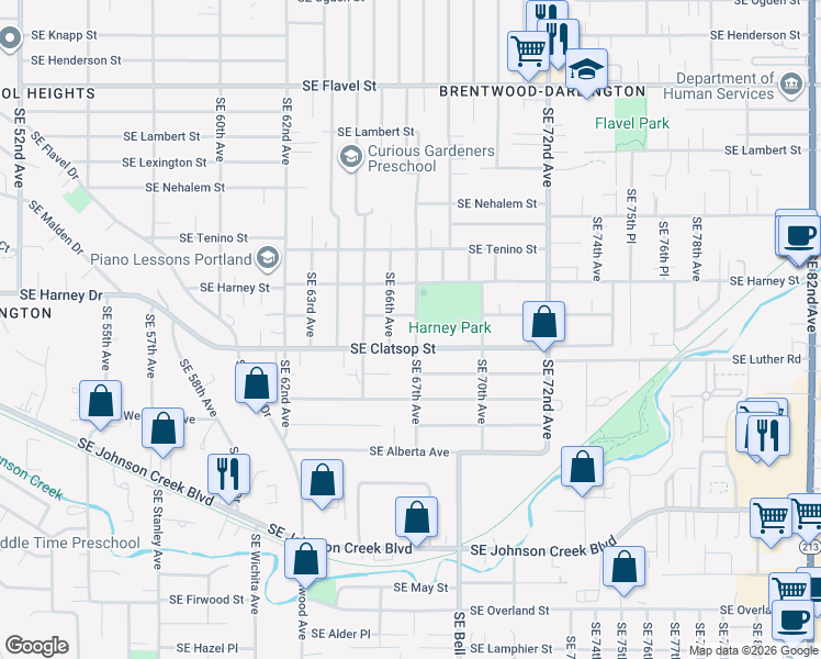 map of restaurants, bars, coffee shops, grocery stores, and more near 8529 Southeast 67th Avenue in Portland