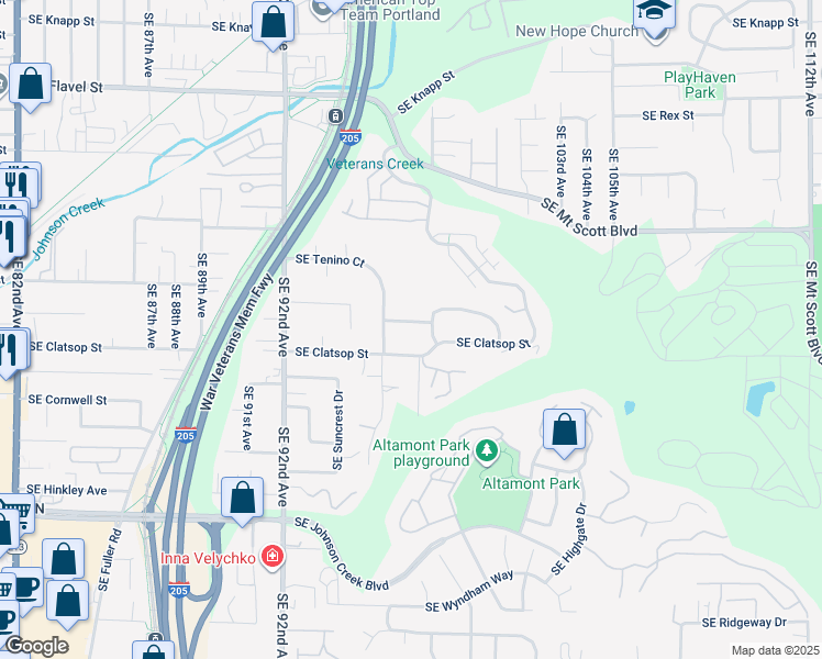 map of restaurants, bars, coffee shops, grocery stores, and more near 9638 Southeast Crystal View Drive in Portland