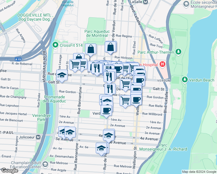 map of restaurants, bars, coffee shops, grocery stores, and more near 4201 Rue de Verdun in Montréal