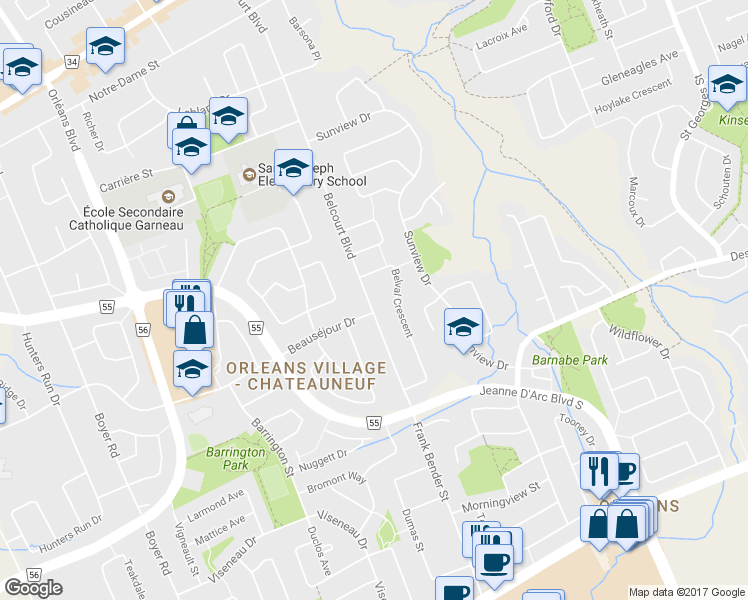 map of restaurants, bars, coffee shops, grocery stores, and more near 1843 Belcourt Boulevard in Ottawa