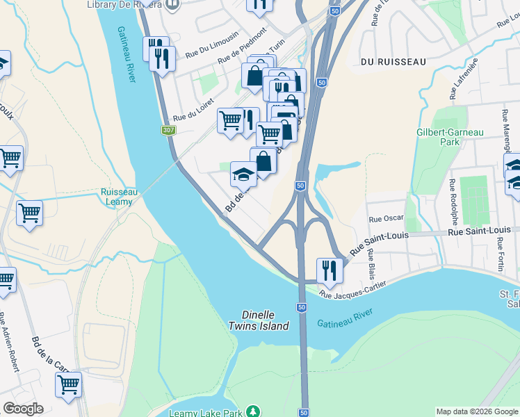 map of restaurants, bars, coffee shops, grocery stores, and more near 43 Rue Carmen in Gatineau