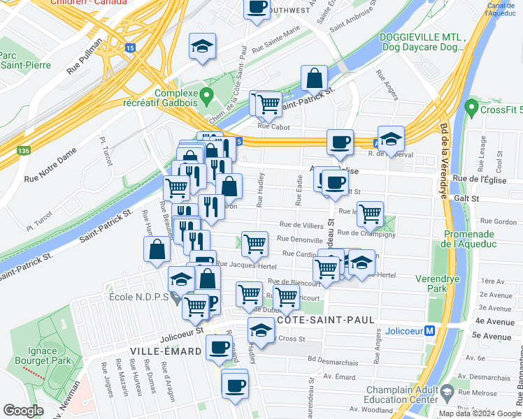 map of restaurants, bars, coffee shops, grocery stores, and more near 5650 Rue Hadley in Montréal