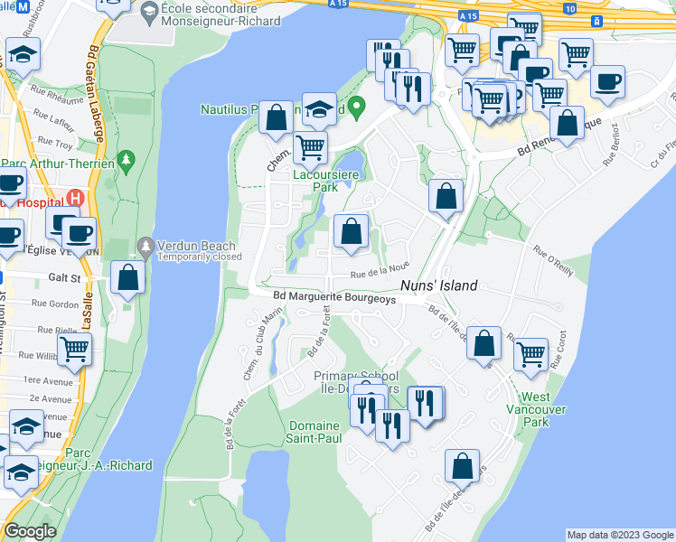 map of restaurants, bars, coffee shops, grocery stores, and more near 514 Rue de la Noue in Montréal