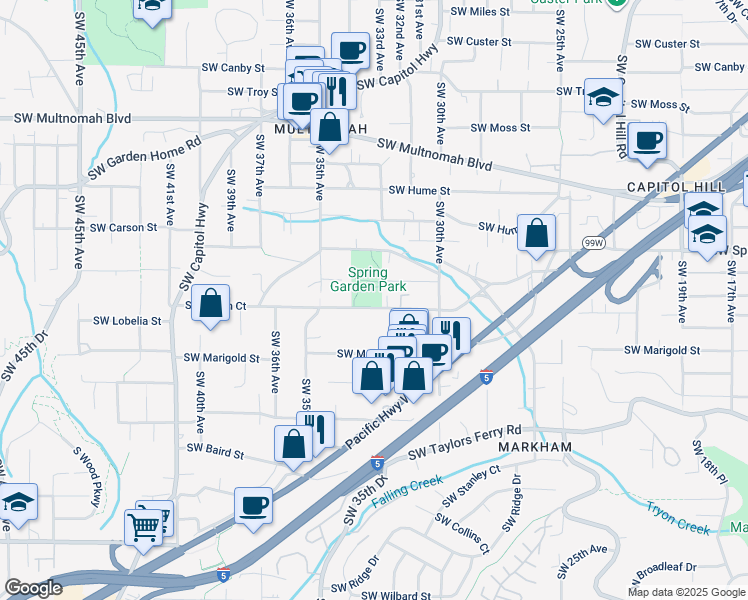map of restaurants, bars, coffee shops, grocery stores, and more near 3332 Southwest Spring Garden Street in Portland