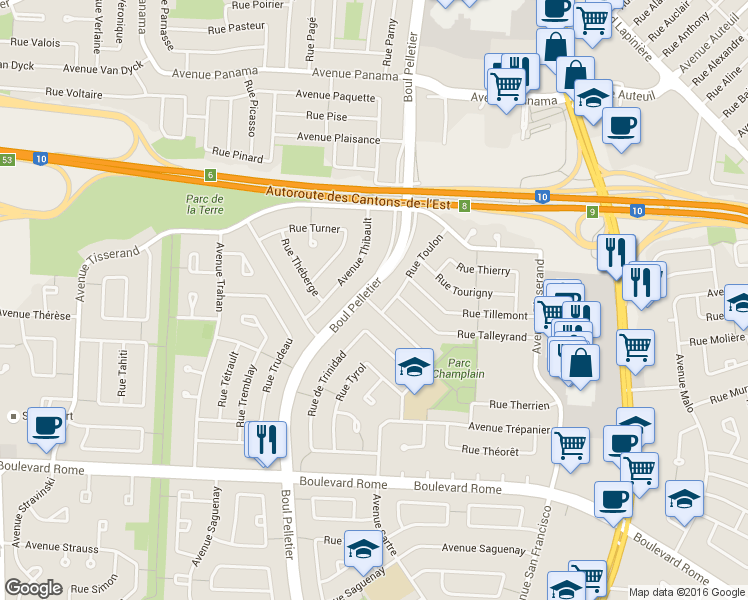 map of restaurants, bars, coffee shops, grocery stores, and more near 7390 Rue Tunisie in Brossard