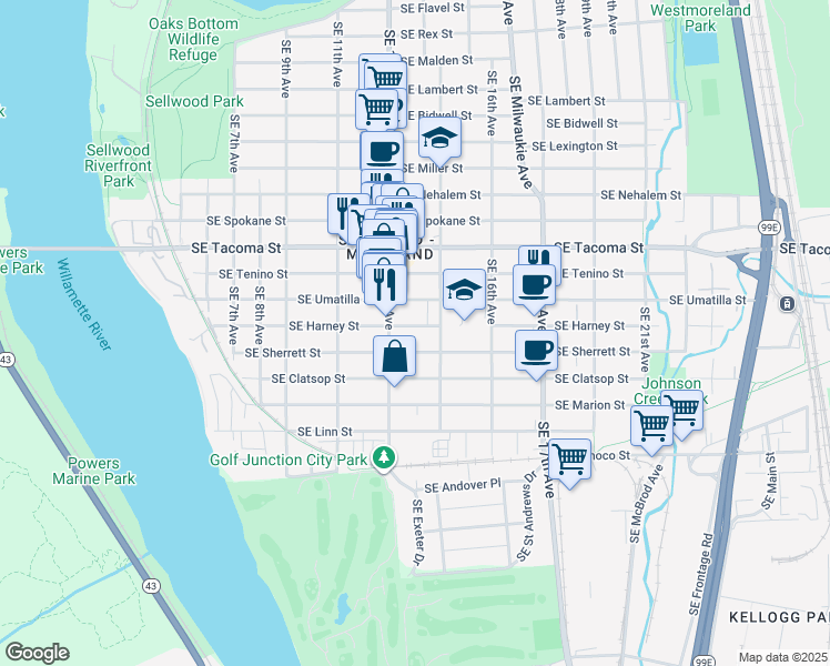 map of restaurants, bars, coffee shops, grocery stores, and more near 1342 Southeast Harney Street in Portland