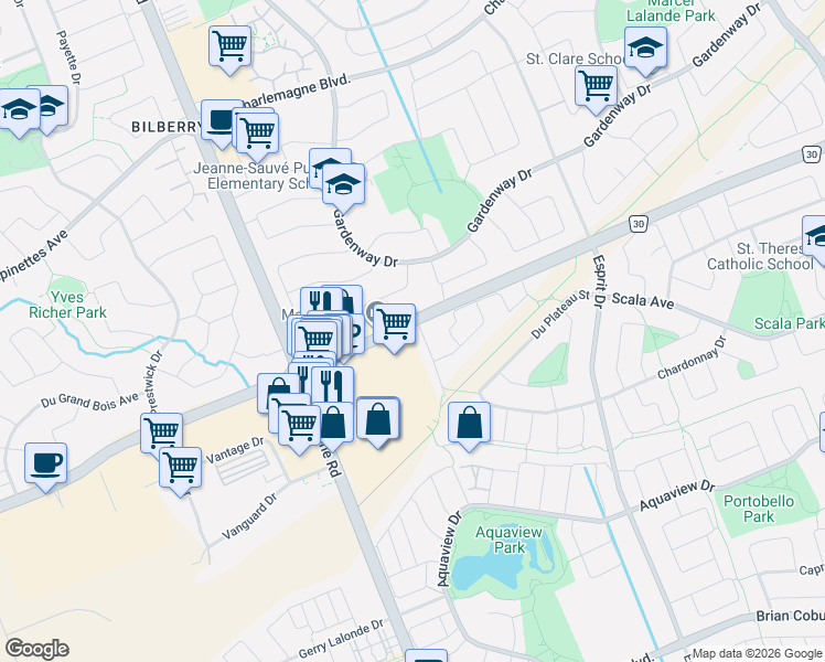 map of restaurants, bars, coffee shops, grocery stores, and more near 4528 Innes Road in Ottawa