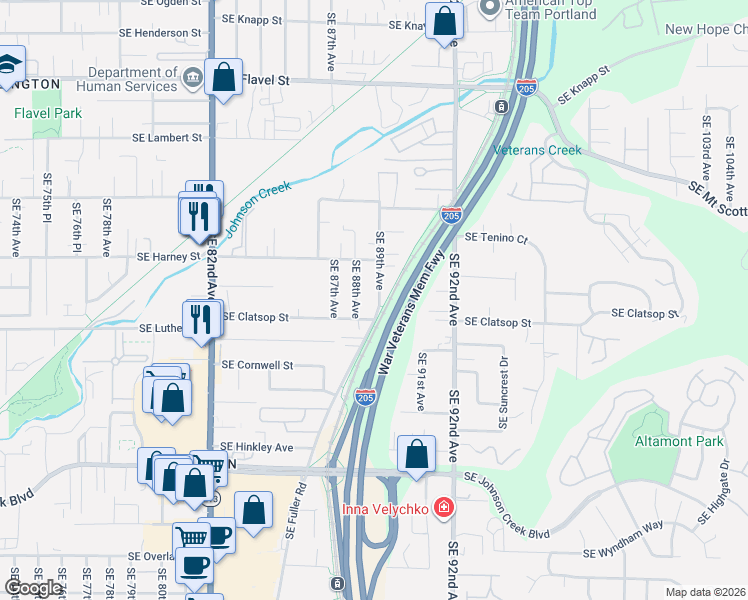 map of restaurants, bars, coffee shops, grocery stores, and more near 8522 Southeast 88th Avenue in Portland