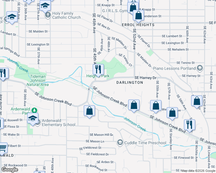 map of restaurants, bars, coffee shops, grocery stores, and more near 4600 SE Harney Dr in Portland