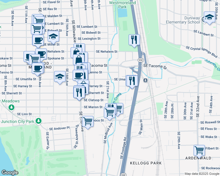 map of restaurants, bars, coffee shops, grocery stores, and more near 8417 Southeast 21st Avenue in Portland