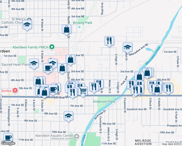 map of restaurants, bars, coffee shops, grocery stores, and more near 1100-1198 3rd Ave SE in Aberdeen