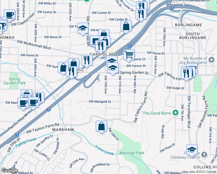 map of restaurants, bars, coffee shops, grocery stores, and more near 1826 Southwest Dolph Street in Portland