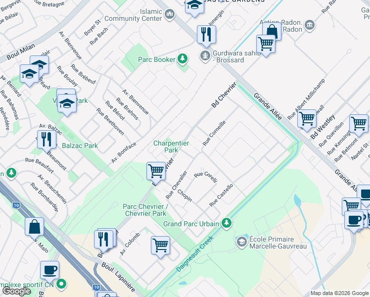 map of restaurants, bars, coffee shops, grocery stores, and more near 6400 Rue Christophe in Brossard