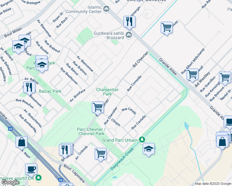 map of restaurants, bars, coffee shops, grocery stores, and more near 6400 Rue Christophe in Brossard