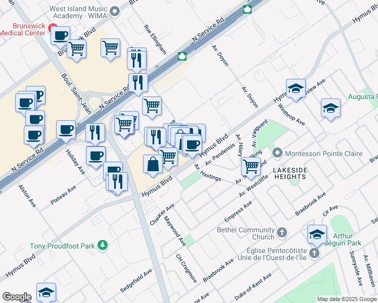 map of restaurants, bars, coffee shops, grocery stores, and more near 181 Boulevard Hymus in Pointe-Claire
