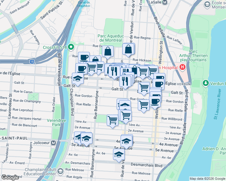 map of restaurants, bars, coffee shops, grocery stores, and more near 748 Galt Street in Montreal