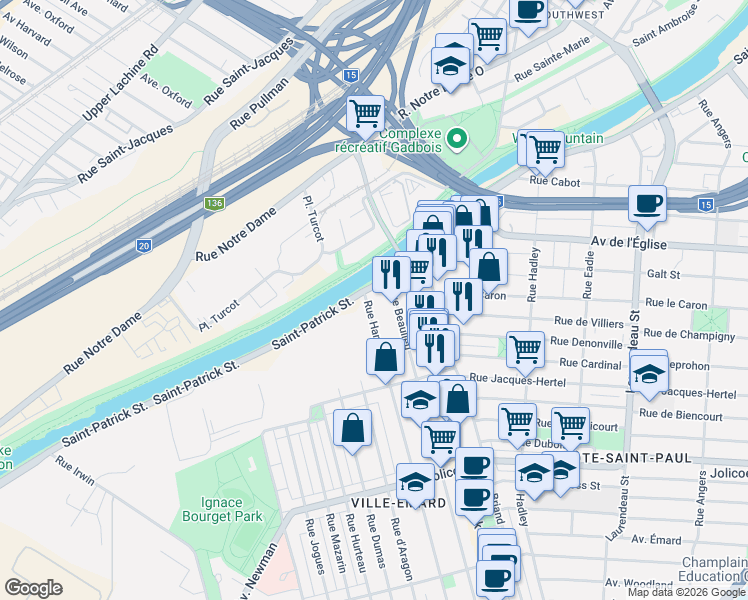 map of restaurants, bars, coffee shops, grocery stores, and more near 5700 Rue Saint-Patrick in Montréal