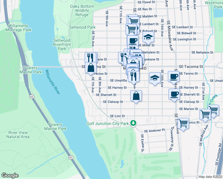 map of restaurants, bars, coffee shops, grocery stores, and more near 924 Southeast Harney Street in Portland
