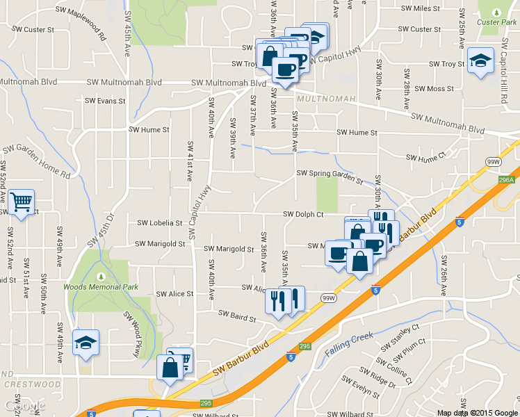 map of restaurants, bars, coffee shops, grocery stores, and more near 3665 Southwest Dolph Court in Portland