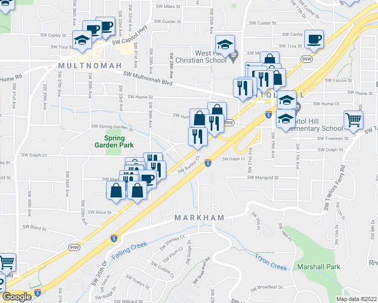 map of restaurants, bars, coffee shops, grocery stores, and more near 8715 Southwest Barbur Boulevard in Portland
