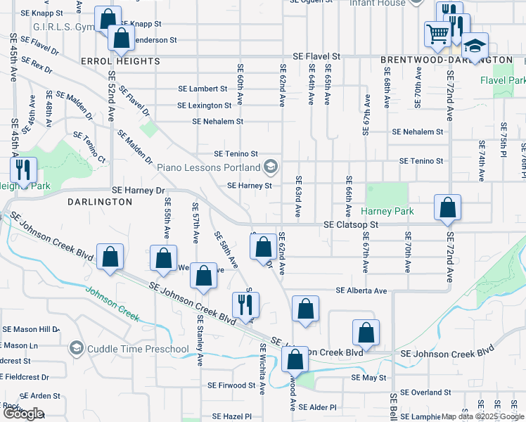 map of restaurants, bars, coffee shops, grocery stores, and more near 6107 Southeast Clatsop Street in Portland