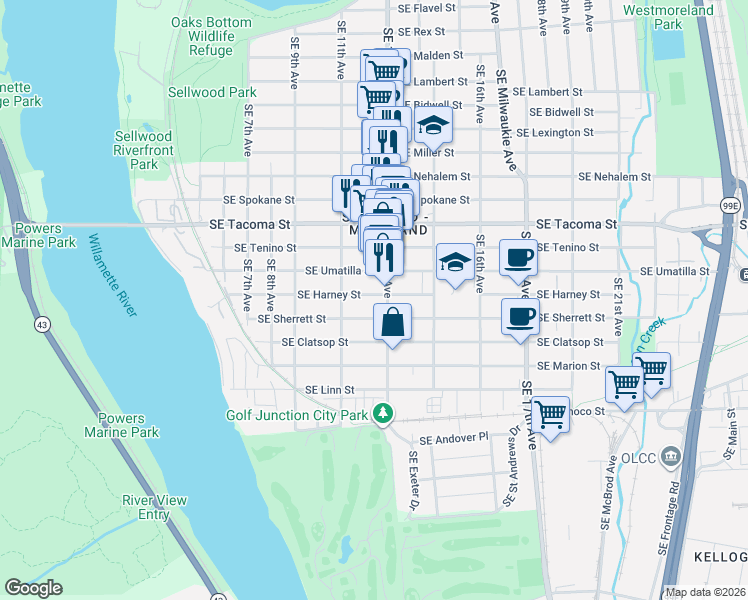 map of restaurants, bars, coffee shops, grocery stores, and more near 1212 Southeast Harney Street in Portland