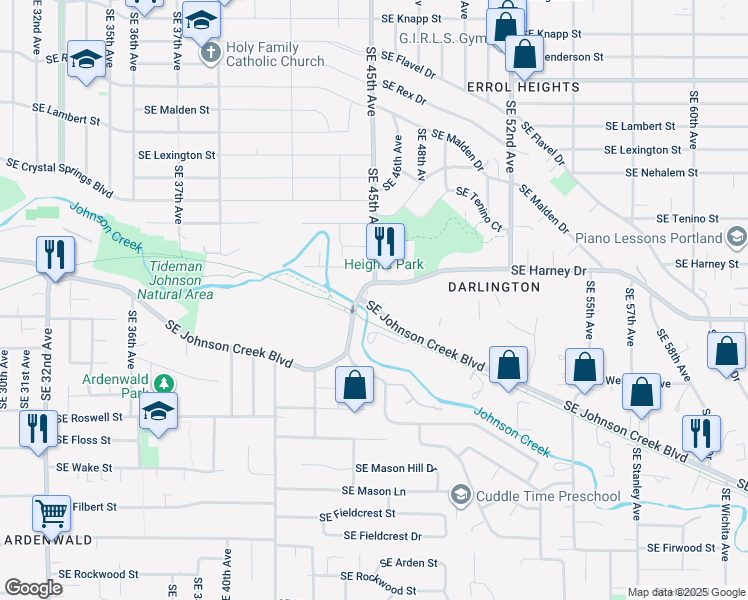 map of restaurants, bars, coffee shops, grocery stores, and more near 4437 Southeast Johnson Creek Boulevard in Portland