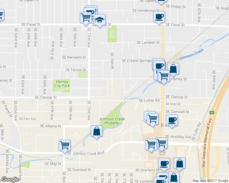 map of restaurants, bars, coffee shops, grocery stores, and more near 8516 Southeast 75th Place in Portland