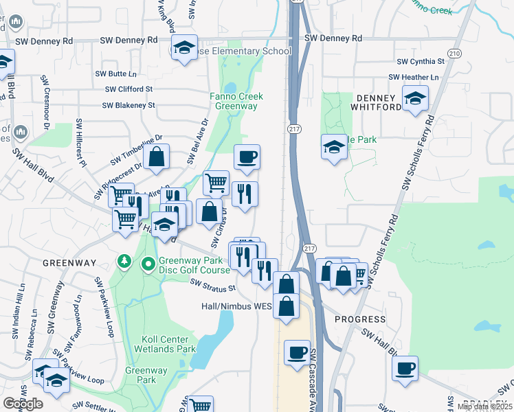 map of restaurants, bars, coffee shops, grocery stores, and more near 7870 Southwest Nimbus Avenue in Beaverton