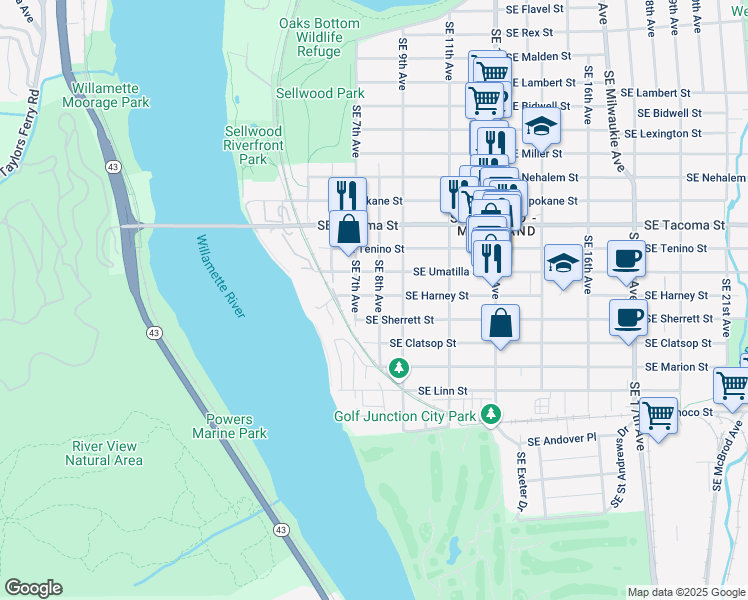 map of restaurants, bars, coffee shops, grocery stores, and more near 8405 Southeast 8th Avenue in Portland