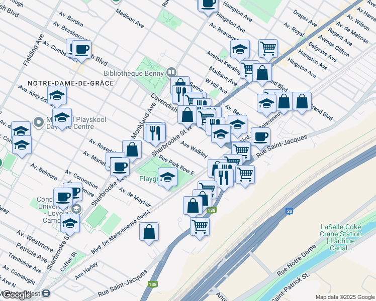 map of restaurants, bars, coffee shops, grocery stores, and more near 2444 Avenue Walkley in Montréal