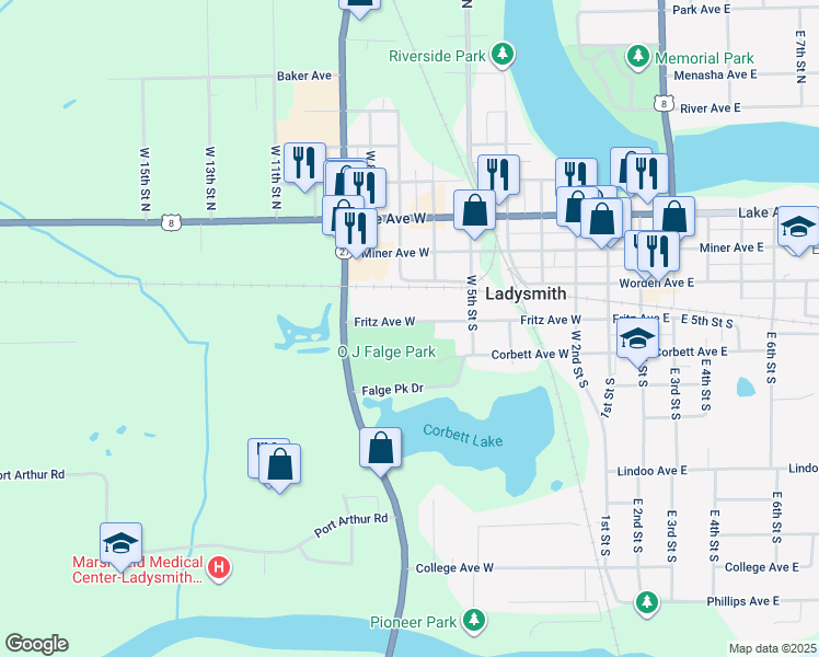 map of restaurants, bars, coffee shops, grocery stores, and more near 622 Fritz Avenue West in Ladysmith