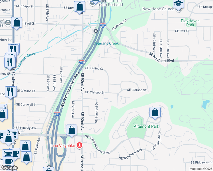 map of restaurants, bars, coffee shops, grocery stores, and more near 9564 Southeast Tenino Court in Portland