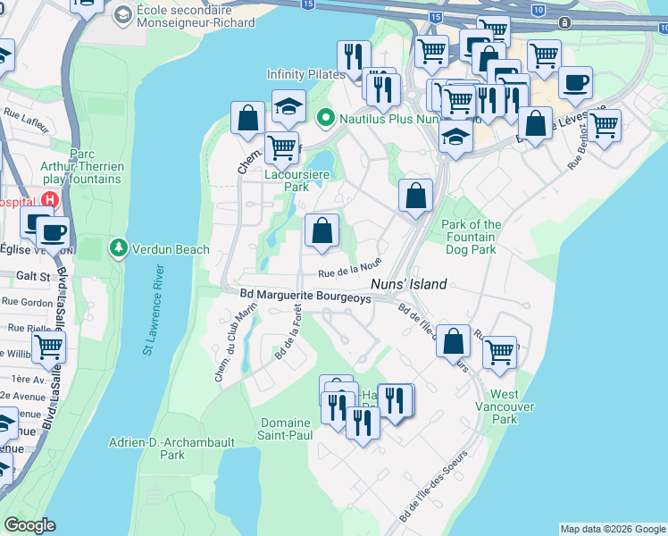 map of restaurants, bars, coffee shops, grocery stores, and more near 570 Rue de la Noue in Montréal