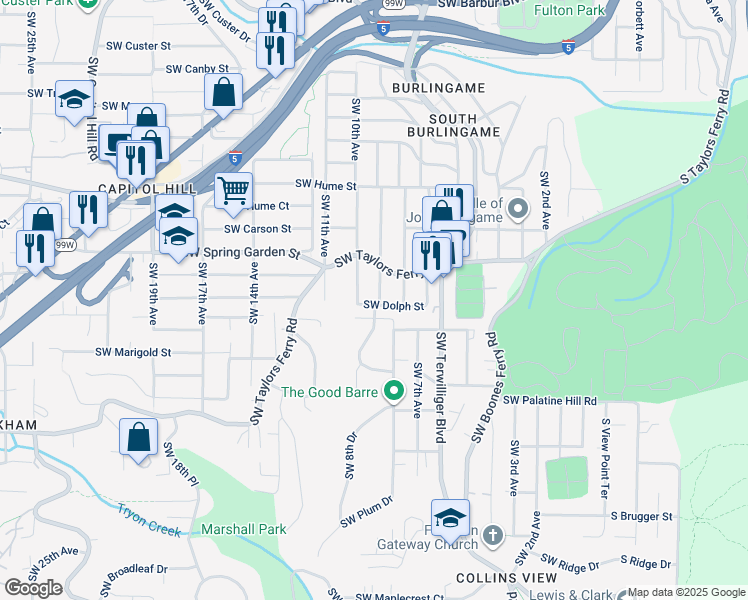 map of restaurants, bars, coffee shops, grocery stores, and more near 919 Southwest Dolph Street in Portland