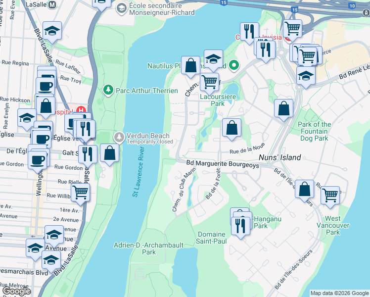 map of restaurants, bars, coffee shops, grocery stores, and more near 279 Rue de la Noue in Montréal