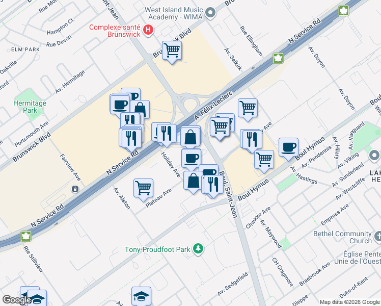 map of restaurants, bars, coffee shops, grocery stores, and more near 6600 Trans-Canada Highway in Montreal