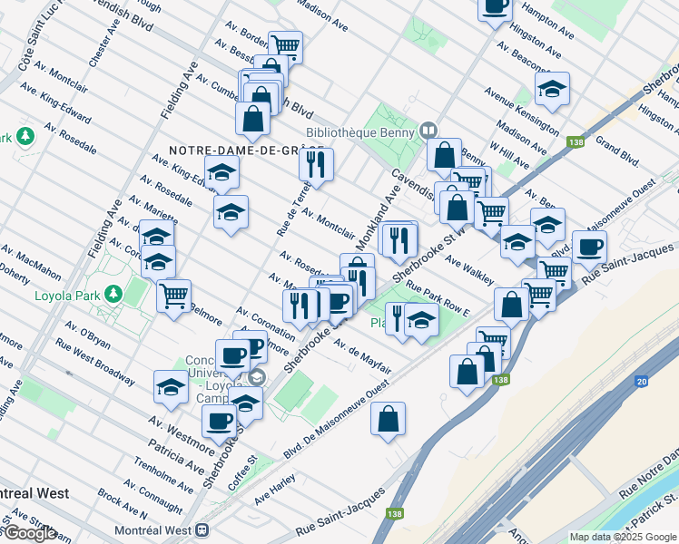 map of restaurants, bars, coffee shops, grocery stores, and more near 6825 Monkland Avenue in Montreal