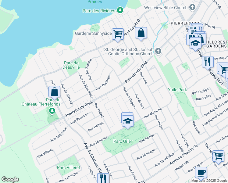 map of restaurants, bars, coffee shops, grocery stores, and more near 17744 Pierrefonds Boulevard in Montreal