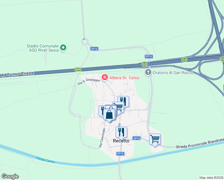 map of restaurants, bars, coffee shops, grocery stores, and more near 20 Via San Giuseppe in Recetto
