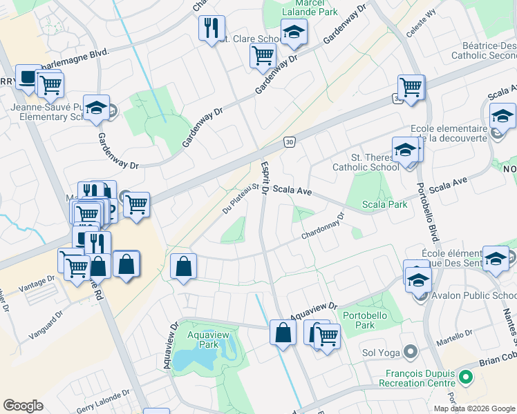 map of restaurants, bars, coffee shops, grocery stores, and more near 2102 Esprit Drive in Ottawa