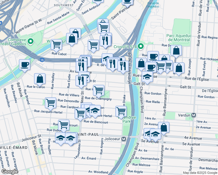 map of restaurants, bars, coffee shops, grocery stores, and more near 1557 Rue le Caron in Montréal