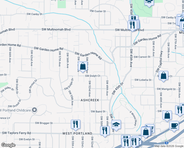 map of restaurants, bars, coffee shops, grocery stores, and more near 5120 Southwest Robert Court in Portland