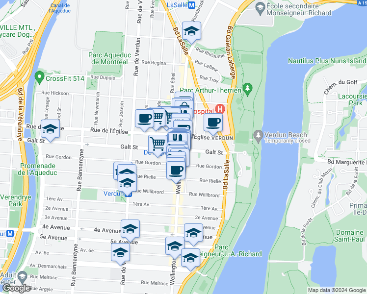 map of restaurants, bars, coffee shops, grocery stores, and more near 4150 Rue Wellington in Montréal