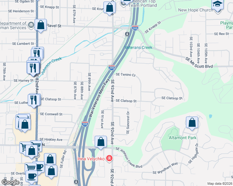map of restaurants, bars, coffee shops, grocery stores, and more near 8500 Southeast 92nd Avenue in Portland