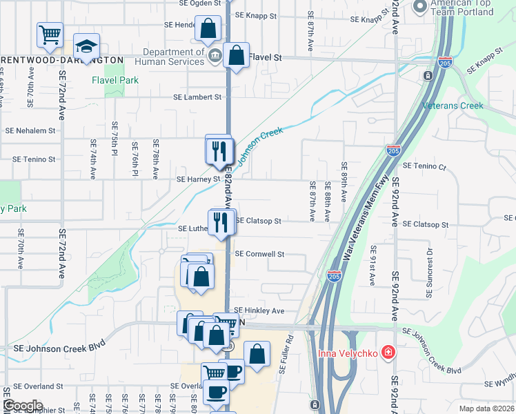 map of restaurants, bars, coffee shops, grocery stores, and more near 8334 Southeast Sherrett Street in Portland